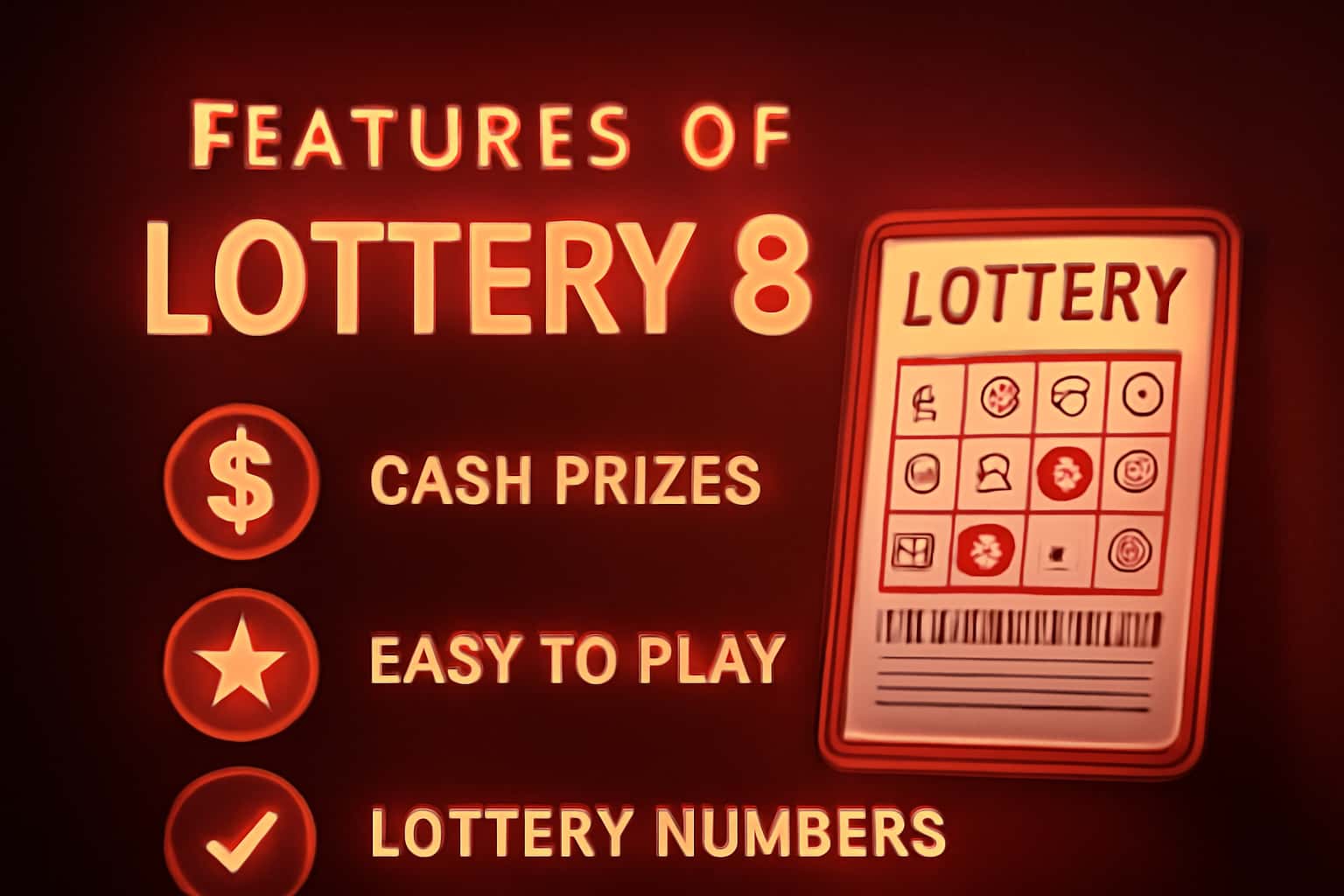 Informational scene showcasing the features of Lottery 8.