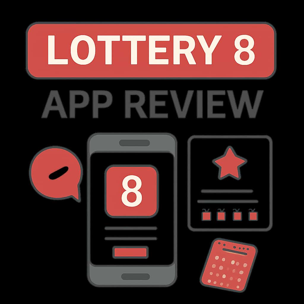 An educational graphic outlining key aspects of the Lottery 8 app review.